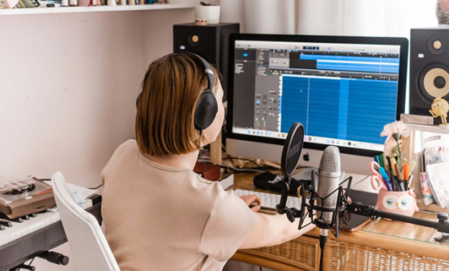 Aspiring narrator practicing in a home recording studio setup