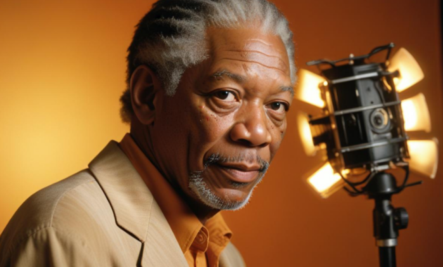 Morgan Freeman recording narration in a studio for a science documentary